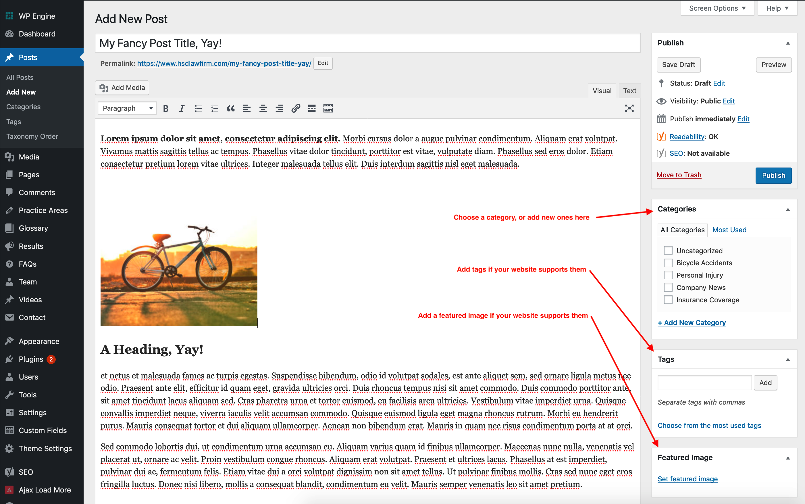 screenshot of wordpress editor with the right sidebar explained