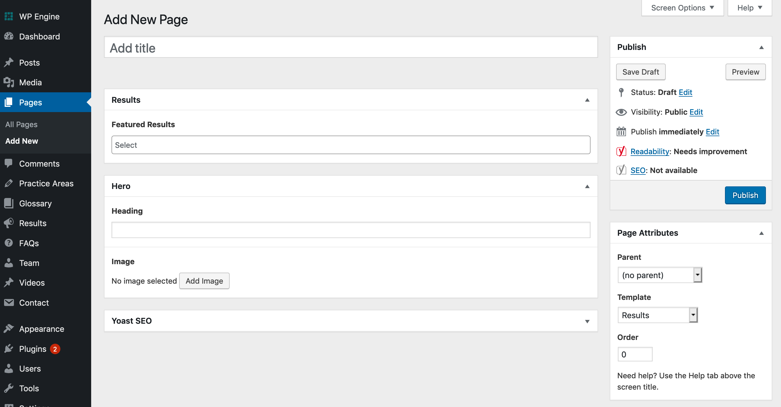 screenshot of the wordpress admin and new page with a different template showing
