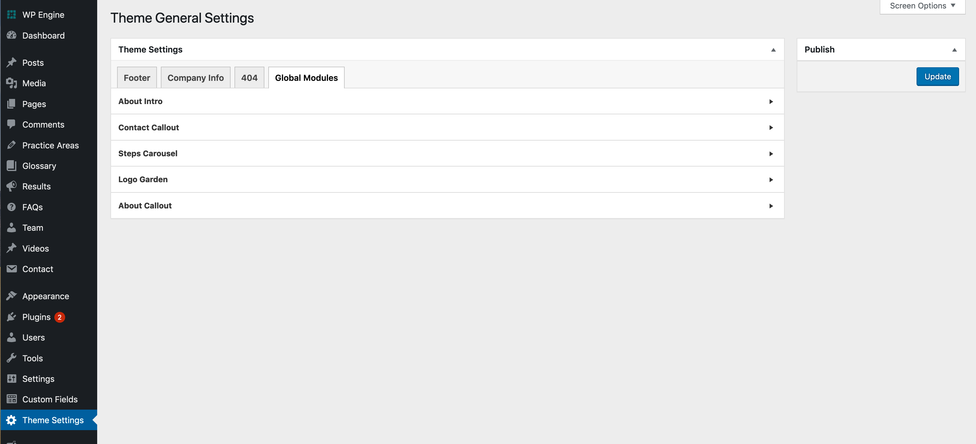 screenshot of wordpress theme settings global modules