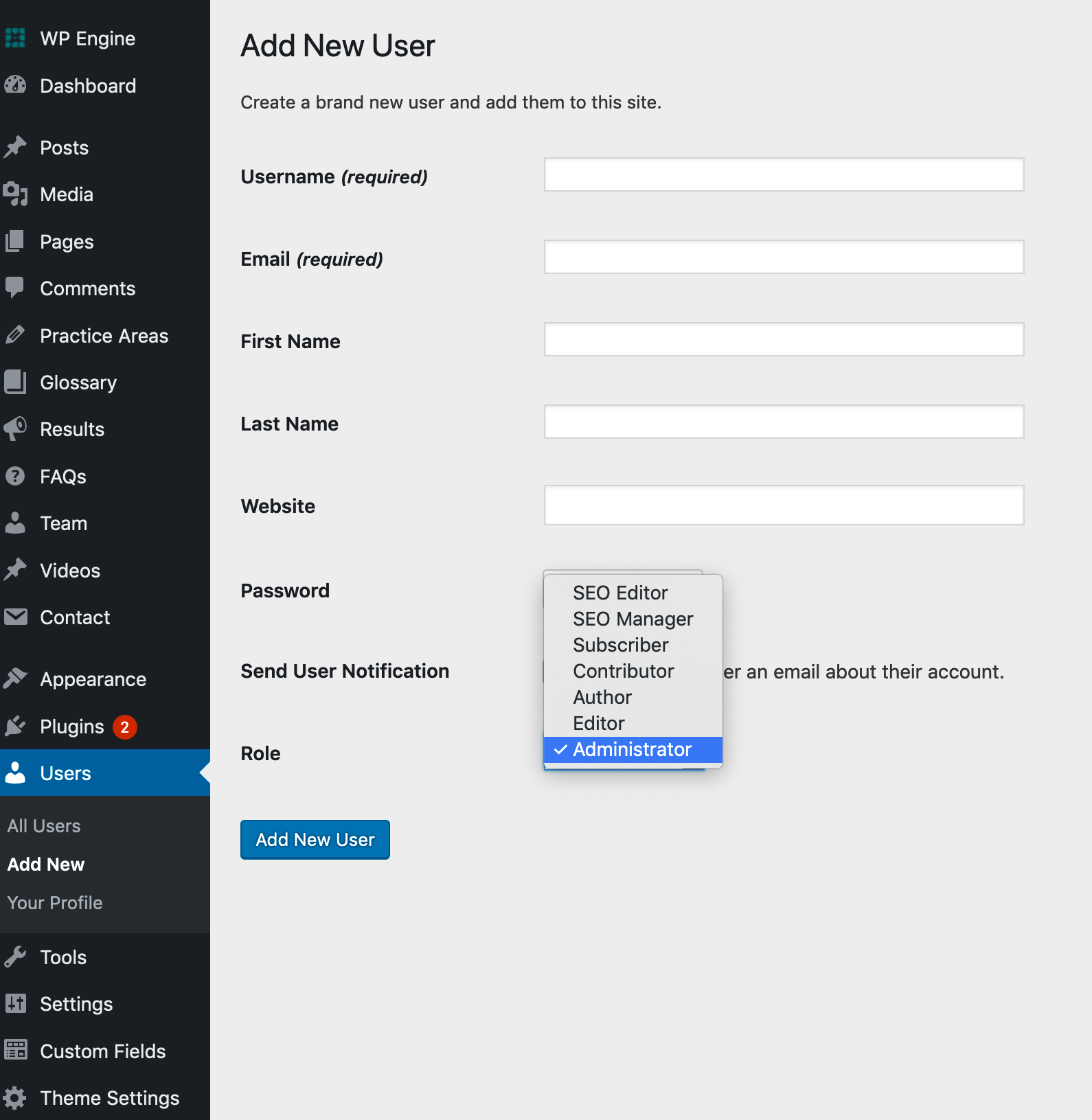 screenshot of wordpress add new user screen with roles expanded