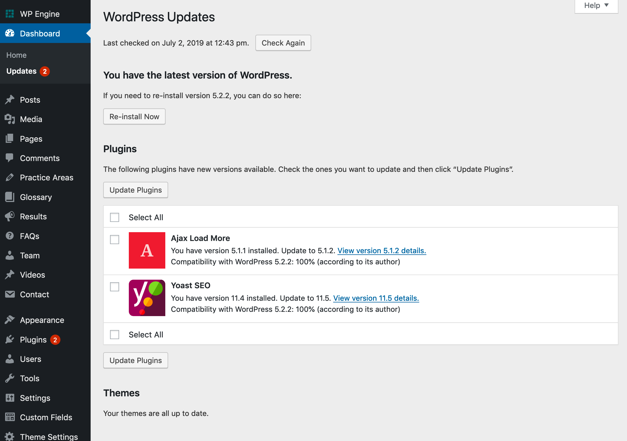 screenshot of wordpress updates page