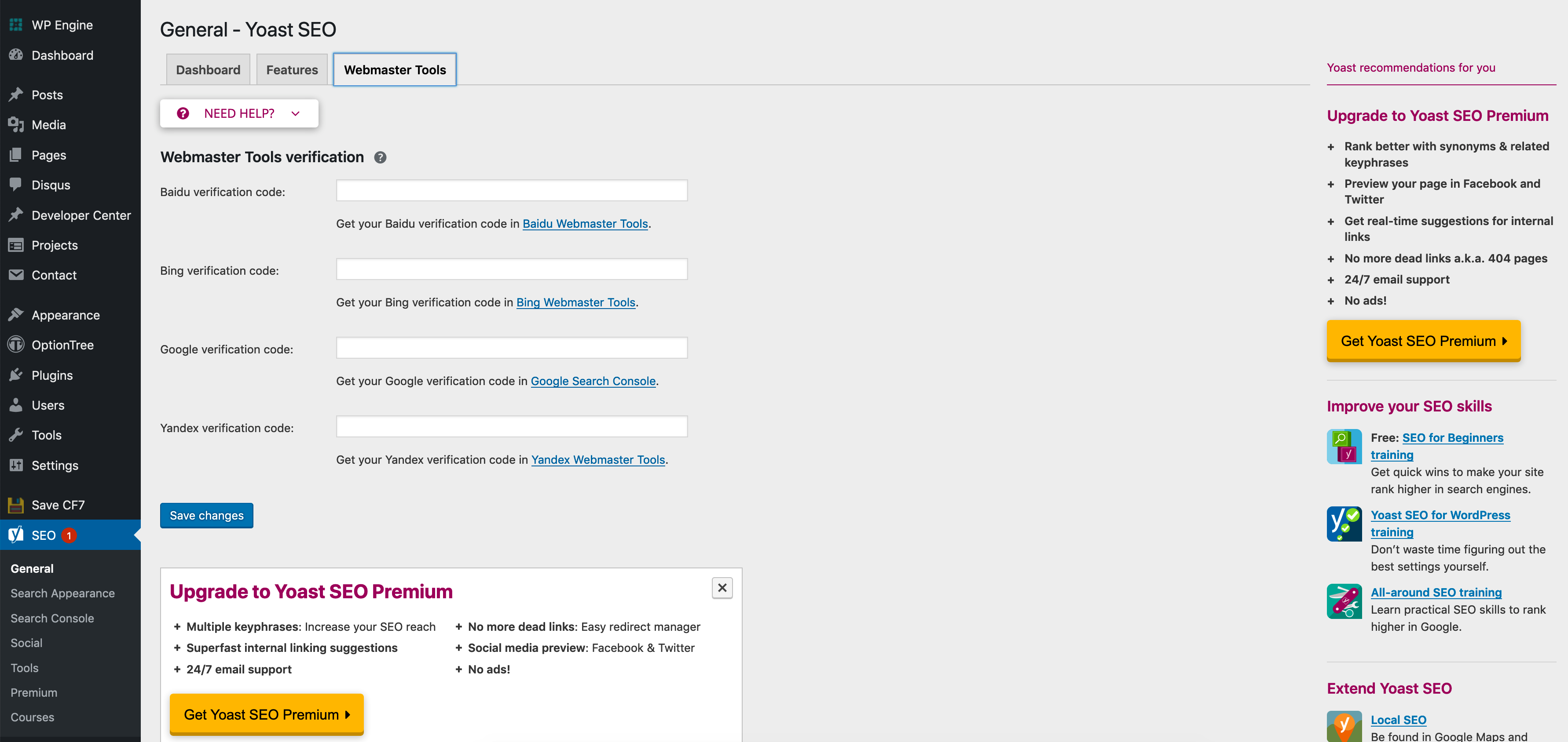 screenshot of yoast webmaster tools page
