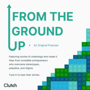 A graphic featuring the title "From the Ground Up" and an illustration of a staircase made of colorful building blocks, representing the podcast's focus on stories of underdog entrepreneurs who overcame stereotypes and stigma.