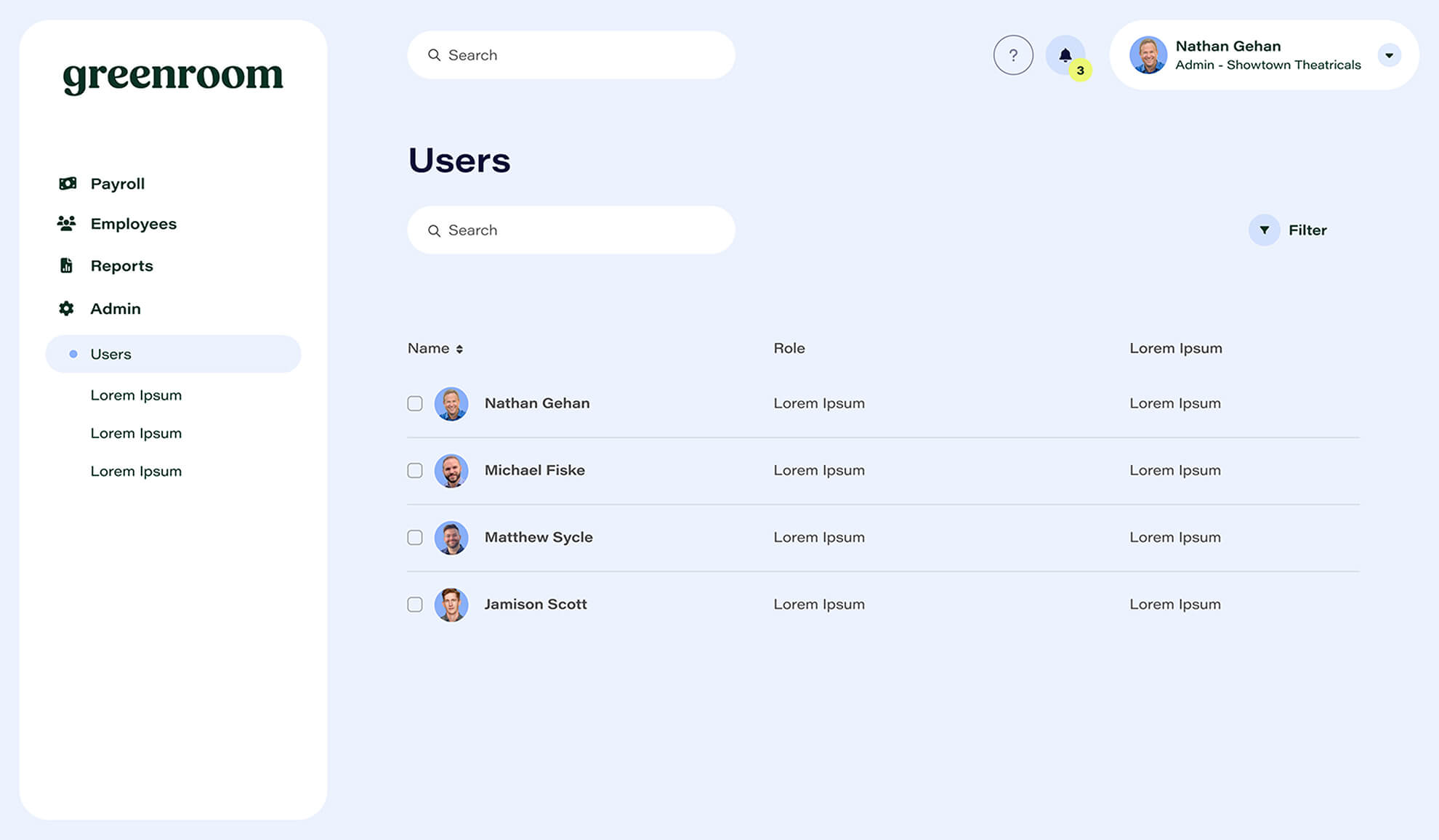 greenroom product screen design